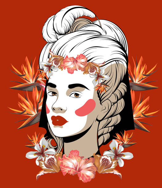 Vector hand drawn illustration of pretty girl with flowers isolated. Creative artwork.  Template for card, poster, banner, print for t-shirt, pin, badge, patch. - Вектор,изображение