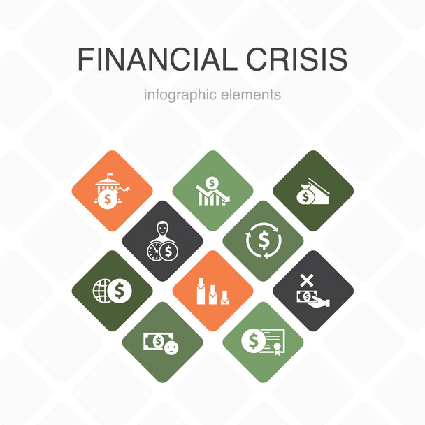 finanssikriisi Infografinen 10 vaihtoehto väri design.budget alijäämä, Huonot lainat, Julkinen velka, Jälleenrahoitus yksinkertainen kuvakkeet
 - Vektori, kuva