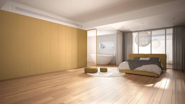 Luxury contemporary bedroom with bathroom, parquet floor, big panoramic window, stained glass, double bed, bathtub, carpet, poufs, minimalistic clean white and yellow interior design - Photo, Image