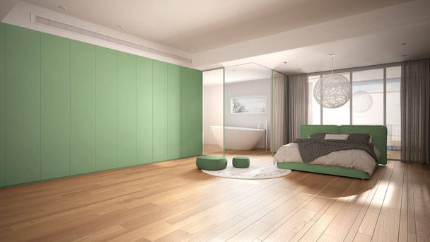 Luxury contemporary bedroom with bathroom, parquet floor, big panoramic window, stained glass, double bed, bathtub, carpet, poufs, minimalistic clean white and green interior design - Photo, Image