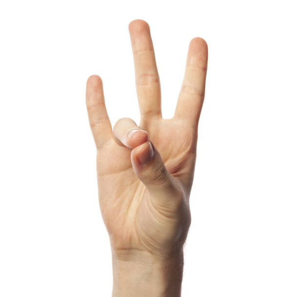  Finger spelling number 7 in ASL on white background. Conceito de linguagem de sinais americana
 - Foto, Imagem