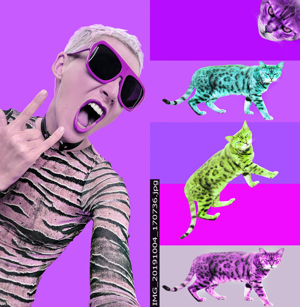 Swag Party girl and cats. Creative zine collage. Animal print an - Foto, Bild