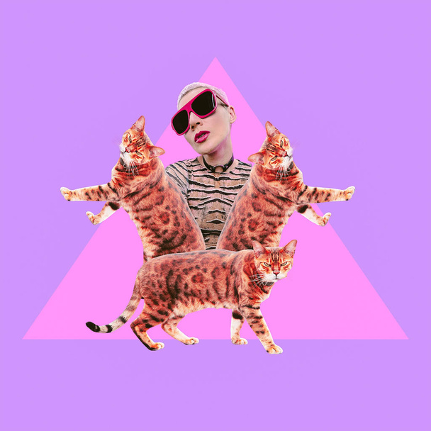 Predator Sexy Lady and cats.  Collage fashion zine art. Clubbing - Foto, Bild