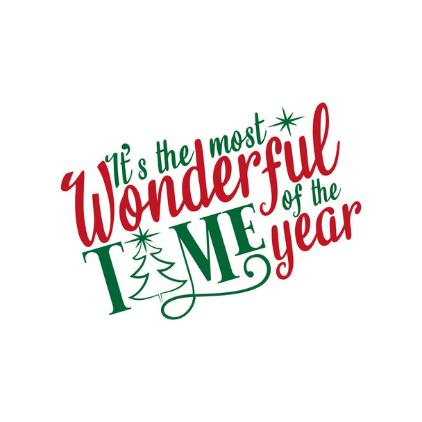 Ez az év legcsodálatosabb időszaka. Karácsonyi szöveg, kézzel rajzolt fa és csillagok. Jó üdvözlőlap és póló nyomat, szórólap, poszter design, bögre. - Vektor, kép