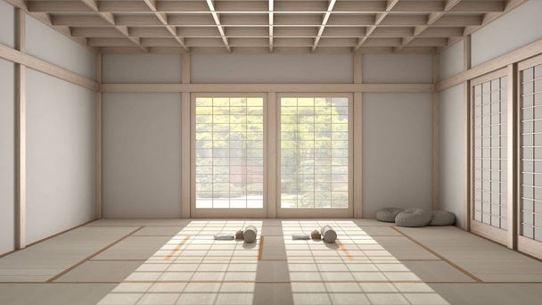 Lege yoga studio interieur design, open ruimte met matten, kussens en accessoires, tatami, futon, houten dak, raam met zen tuin panorama, klaar voor yoga praktijk, meditatieruimte - Foto, afbeelding