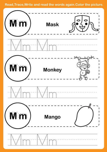 Exercício alfabeto com vocabulário de desenhos animados para colorir illu livro
 - Vetor, Imagem