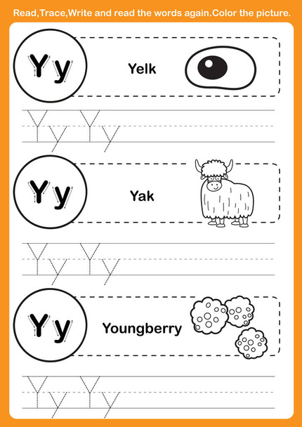 Alfabet oefening met cartoon woordenschat voor kleurboek illu - Vector, afbeelding