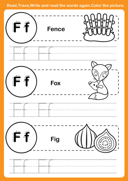 Ejercicio del alfabeto con vocabulario de dibujos animados para colorear illu libro
 - Vector, imagen