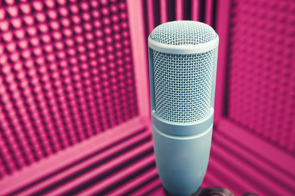 επαγγελματικό μικρόφωνο σε στούντιο ηχογράφησης, φόντο μωβ ακουστικού αφρού - Φωτογραφία, εικόνα