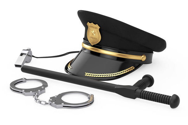 Handschellen aus Metall, schwarzer Gummiknüppel oder Nachtknüppel, Polizei - Foto, Bild