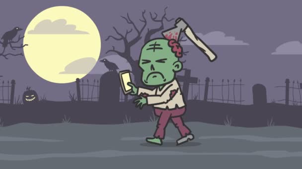 Zombie loopt over het kerkhof en houdt telefoon vast. Het parallax-effect is verbroken. Lusanimatie - Video