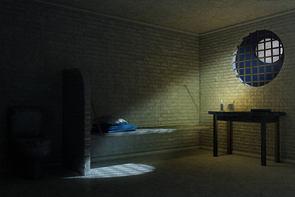 Темна старовинна тюремна камера для однієї особи з ліжком, столом, - Фото, зображення