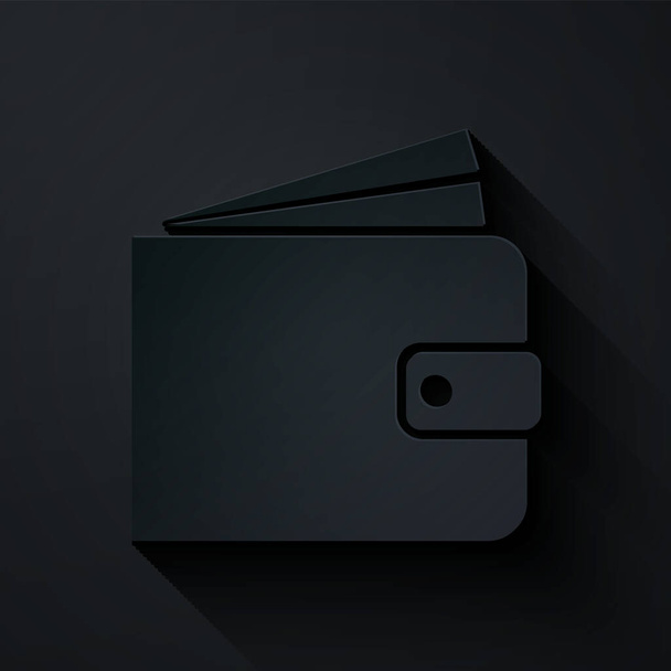 Papiergeschnittenes Portemonnaie-Symbol auf schwarzem Hintergrund. Papierkunst. Vektorillustration - Vektor, Bild