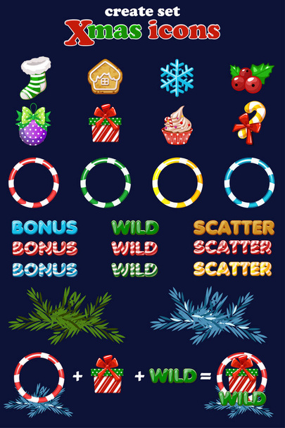 Christmas icons for slots. Create vector set New Years icons. Assets 2D game - Vector, Image