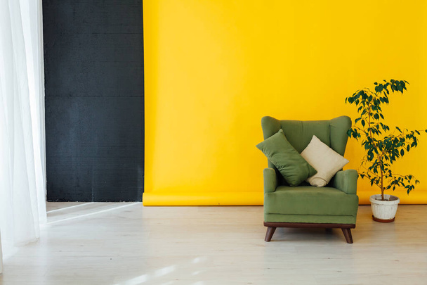 armchair and home plant in the interior of the room with a yellow background - Photo, Image