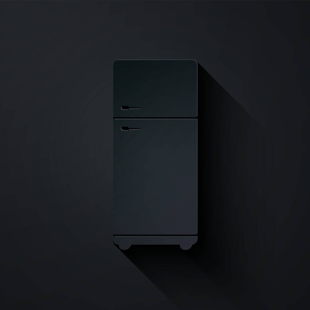 ペーパーカット黒の背景に隔離された冷蔵庫のアイコン。冷蔵庫の冷蔵庫。家庭用技術や家電製品。紙のアートスタイル。ベクターイラスト - ベクター画像