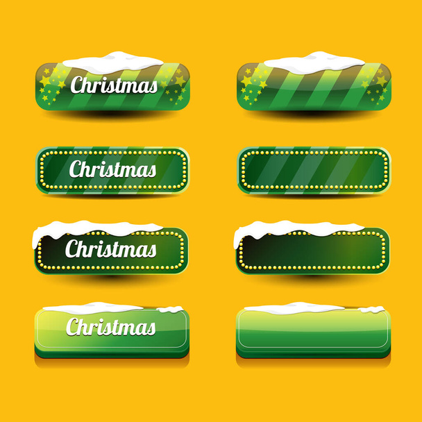 オレンジ色の背景に隔離されたクリスマスベクトル緑の光沢のあるボタン。雪氷の国境のあるウェブグリーンクリスマス販売ボタン - ベクター画像