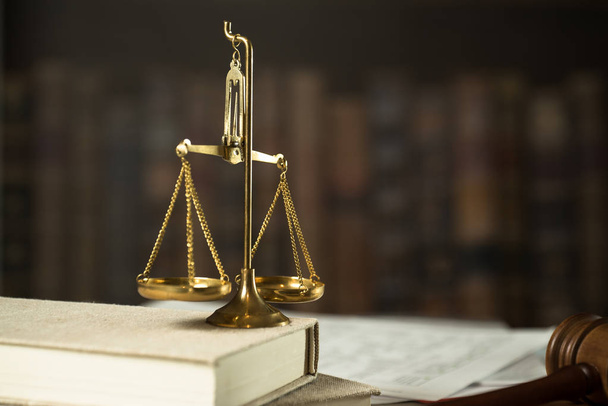Still life of Law and Justice symbols on wooden table background. - 写真・画像