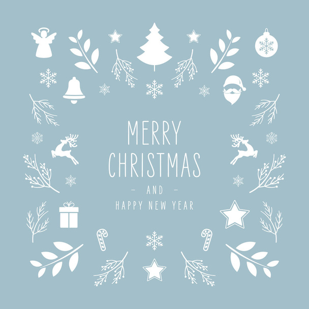 Christmas icon elements border square card with greeting text blue ice background. - Vector, imagen