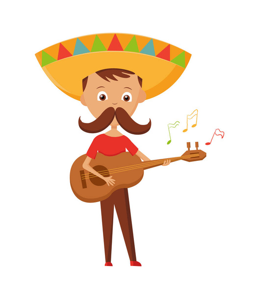 mexikanischer Junge mit Schnurrbart und Sombrero, der Gitarre spielt, mexikanische Grußkarte Urlaub, Vektorillustration. - Vektor, Bild