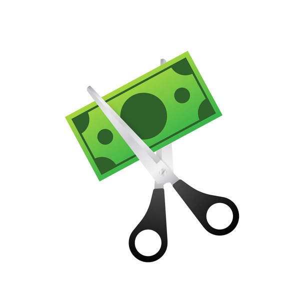 Scissors cutting money bill in flat style. Price, cost reduction or cut price. Vector stock illustration. - Vector, Image
