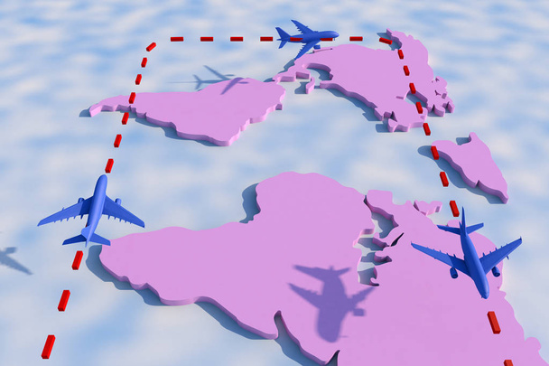 3d mit dem Flugzeug um die Welt reisen. 3D-Illustration. Mit dem Flugzeug um die Welt reisen. Weltreisenkonzept - Foto, Bild
