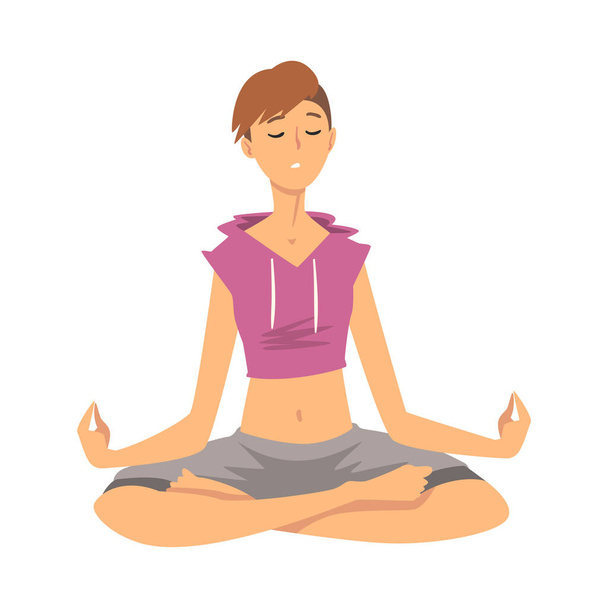 Woman safe the balance with meditation, relaxation cartoon vector illustration - Vector, Image
