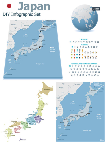 Японія карти з маркерами - Вектор, зображення
