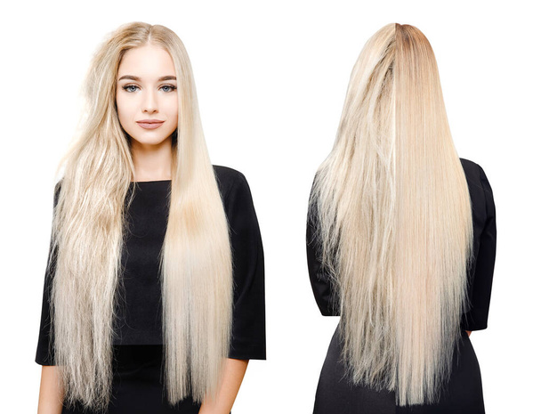 Sick, cut and healthy hair care keratin. Before and after treatment. White isolated background - Photo, Image