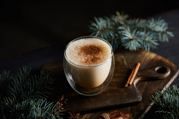 delicious eggnog cocktail on cutting board near spruce branches and cinnamon sticks isolated on black - Valokuva, kuva