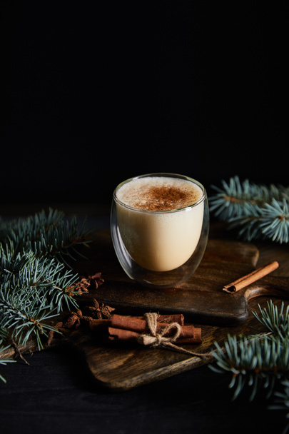 flavored eggnog cocktail on chopping board, cinnamon sticks and spruce branches isolated on black - Foto, immagini