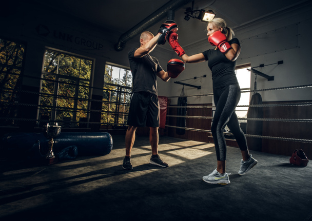 Blondine trainiert mit erfahrenen Boxern - Foto, Bild