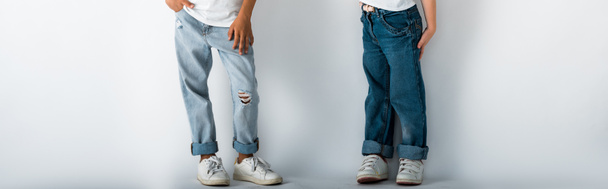 panoramic shot of kids in denim jeans standing on white  - Zdjęcie, obraz