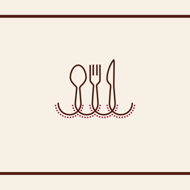 Logo ontwerp voor de traditionele folklore keuken. Bestek met decoratieve lijn en stippen. Lepel, vork en mes. Model voor vectorlogo-ontwerp - Vector, afbeelding