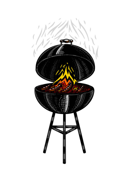 Barbecue grill with steak in vintage style. Drawn by hand. Bbq party ingredients. Hot food. Vector illustration for menu or labels. - Vector, Image