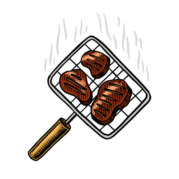 Barbecue grill with steak in vintage style. Drawn by hand. Bbq party ingredients. Hot food. Vector illustration for menu or labels. - Vector, Image