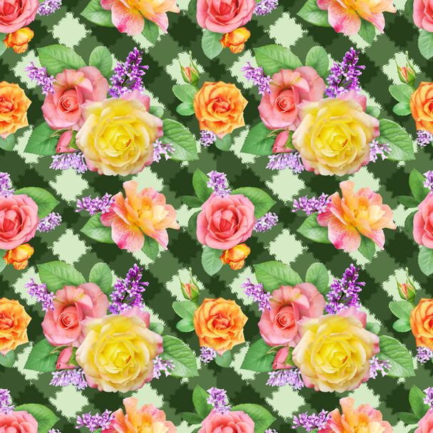 Seamless pattern of roses and lilacs on a checkered background, photorealistic collage. - Photo, image