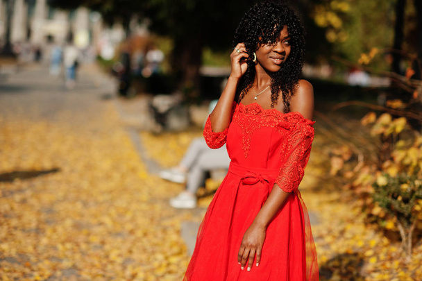 Stylish trendy afro france curly woman posed at autumn day in re - Foto, imagen