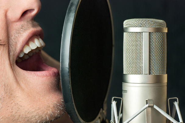 мужчина поет в микрофон конденсаторный, закрыть - Фото, изображение