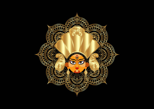 απεικόνιση της Θεάς Durga Face στο Happy Durga Puja Subh Navratri ινδική θρησκευτική κεφαλίδα banner φόντο με πολυτέλεια χρυσή μαντάλα. Διάνυσμα απομονωμένο σε μαύρο φόντο  - Διάνυσμα, εικόνα