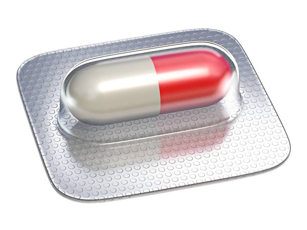 Single red pill in blister pack 3D - Foto, imagen