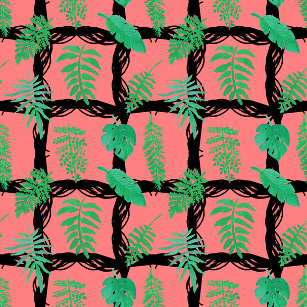 Seamless pattern with watercolor leaves of tropical plants. - Photo, Image