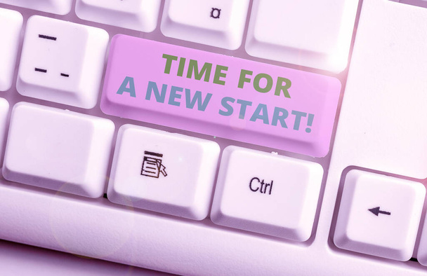 Conceptual hand writing showing Time For A New Start. Business photo text something is supposed to begin right now Fresh job White pc keyboard with note paper above the white background. - Photo, Image