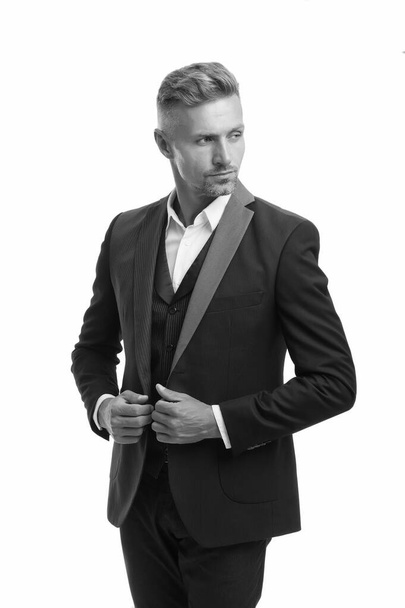 Tailored suit. Rent suit service. Elegant outfit. Gentleman fashion style. Menswear concept. Guy well groomed handsome macho wear black tuxedo. Groom fashion trend. Fashion clothes. Modern trend - Фото, зображення