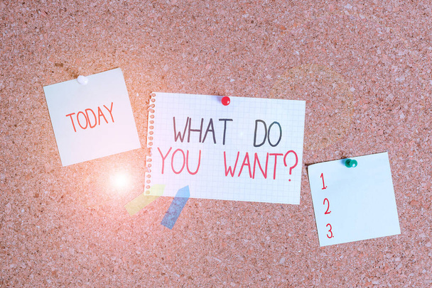 Conceptual hand writing showing What Do You Want Question. Business photo showcasing say or write in order to ask demonstrating about something Corkboard size paper thumbtack sheet billboard notice bo - Photo, Image