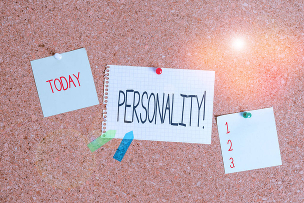 Conceptual hand writing showing Personality. Business photo showcasing combination characteristics that form individuals character Corkboard size paper thumbtack sheet billboard notice board. - Photo, Image