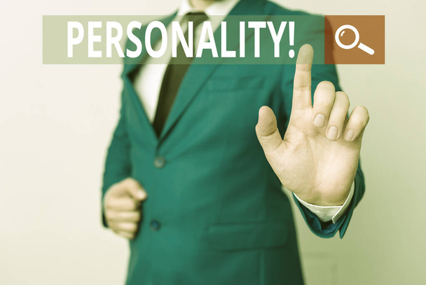 Conceptual hand writing showing Personality. Business photo text combination characteristics that form individuals character Businessman with pointing finger in front of him. - Photo, Image