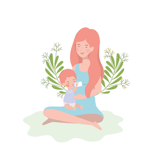 милая беременная мать, сидящая с маленькими мальчиками
 - Вектор,изображение