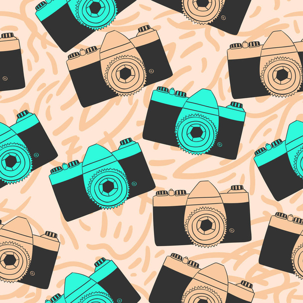 Seamless pattern with old photo cameras in doodle style. - Vector, Image