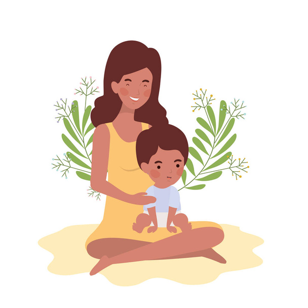 afro terhesség anya ülő emelés kis baba karakterek - Vektor, kép